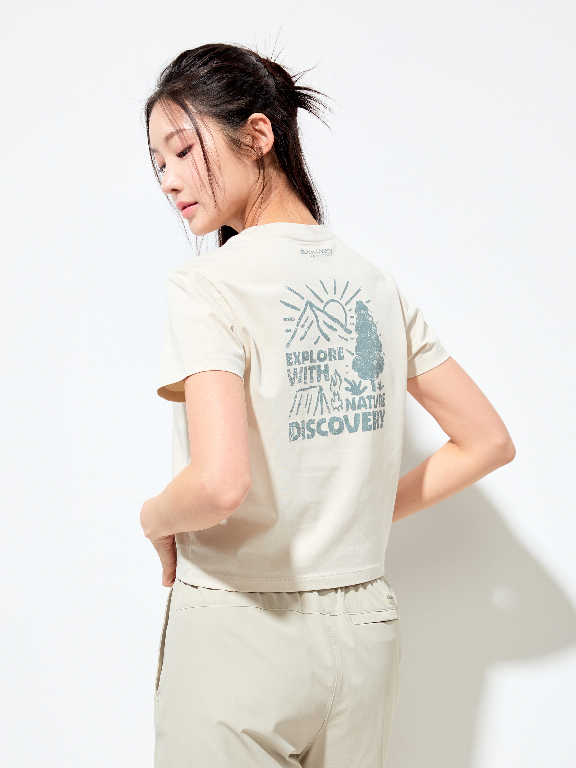 Women's Freshvent Washed Crop Camping Hand-drawing Graphic Short Sleeve T-shirt